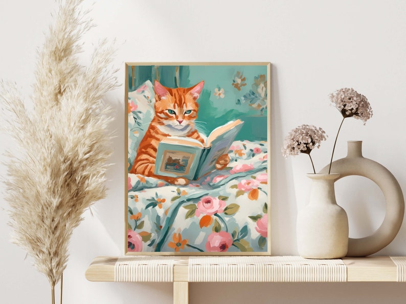 Orange Tabby Cat Book Lover Print, stack of books painting, bookworm printable art, wall art digital print,  cat art for kids room, nursery art