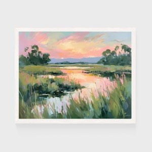 May include: A painting depicting a marsh landscape with a river meandering through it. The sky is a soft pink and orange, and the water reflects the colours of the sunset. The marsh grasses are green and brown, and there are trees in the background.