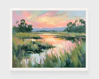 Sunset Marsh Landscape Painting | Carolina Green Lowcountry Coastal Watercolor Wall Art Print | Pastel Beach Printable Digital Download #001