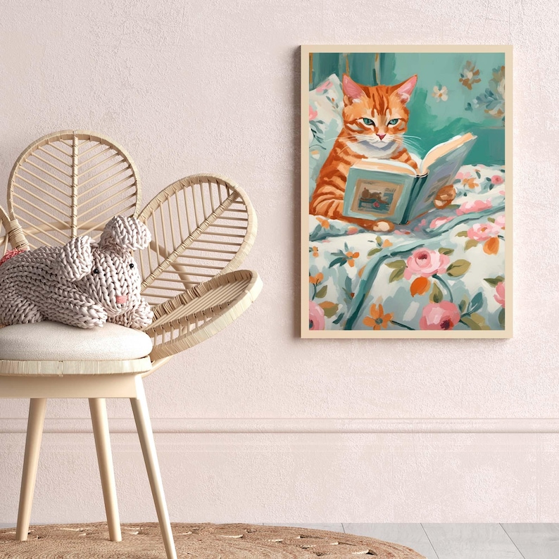 Orange Tabby Cat Book Lover Print, stack of books painting, bookworm printable art, wall art digital print,  cat art for kids room, nursery art