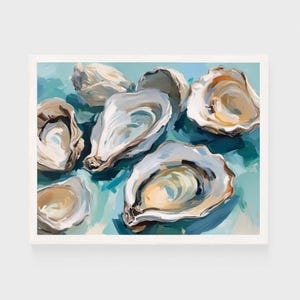May include: An artistic print of several open oyster shells with white and tan interiors, set against a teal and turquoise background. The shells are arranged in a cluster, with visible brushstrokes adding texture.