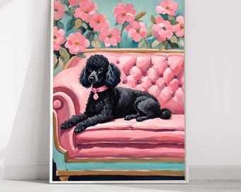 Printable Whimsical Black Poodle, Dog Lover gift, wall art digital download, Girly pink apartment floral
