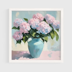 Pale Pink Hydrangea in Blue Vase Painting | Floral Wall Art Print | Girly Bouquet Printable | Pastel Flower Digital Download #007