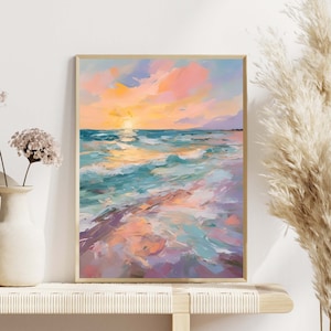 Impresión de arte de pared con cielo al atardecer en colores pastel / Pintura costera de verano / Descarga digital / Póster imprimible con playa oceánica en colores pastel n.° 001