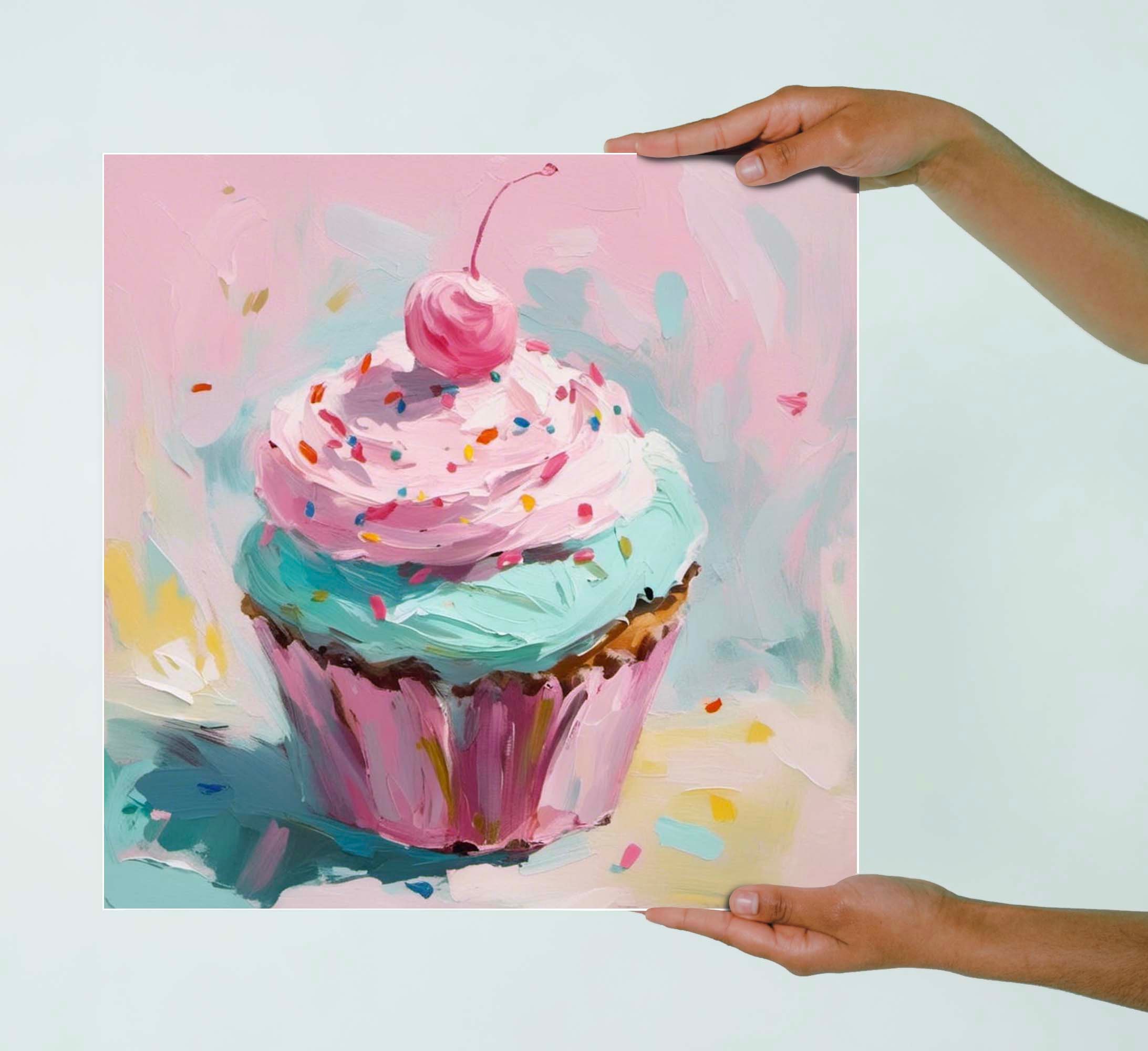 Pink Cupcake Painting | Kitchen Wall Art Print | Vintage Dessert ...