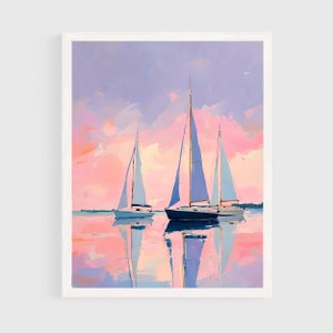 Colorful Sailboats Painting Purple Sunset | Coastal Summer Boat Wall Art Print | Nautical Digital Download Printable #058