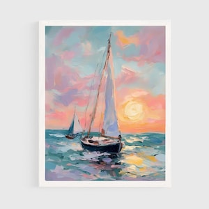 May include: Oil painting of two sailboats on the water at sunset. The sky is filled with pink, orange, and blue hues. The sailboats have white sails and are set against a backdrop of a vibrant sunset. The water reflects the colours of the sky.