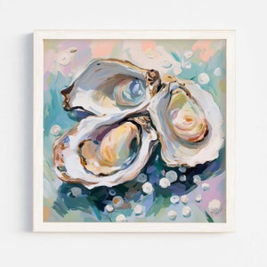 Dipinto di conchiglie di ostriche colorate pastello, stampa artistica di cucina di casa sulla spiaggia, sala da pranzo estiva colorata costiera astratta da scaricare #35