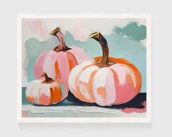 Pastel Pumpkins Painting | Autumn Wall Art Print | Pink Coastal Whimsical Fall Instant Digital Download | Decor