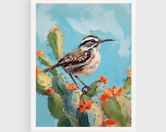 Cactus Wren Bird Oil Painting Print | Cute Wall Art | Housewarming Gift | Arizona Nature #Wren-002