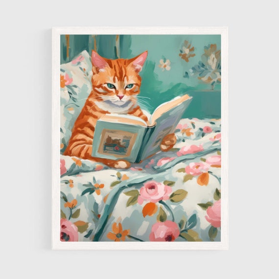 Printable Orange Tabby Cat Book Lover Art, stack of books painting, bookworm wall art digital download