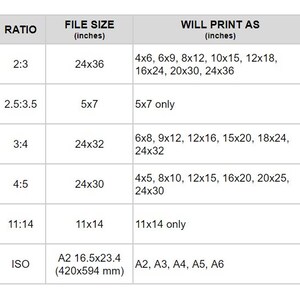 May include: A table showing the different print sizes available for various image aspect ratios. The table lists the ratio, file size in inches, and the corresponding print sizes in inches. For example, a 2:3 ratio image with a file size of 24x36 inches can be printed in sizes such as 4x6, 6x9, 8x12, 10x15, 12x18, 16x24, 20x30, and 24x36 inches.