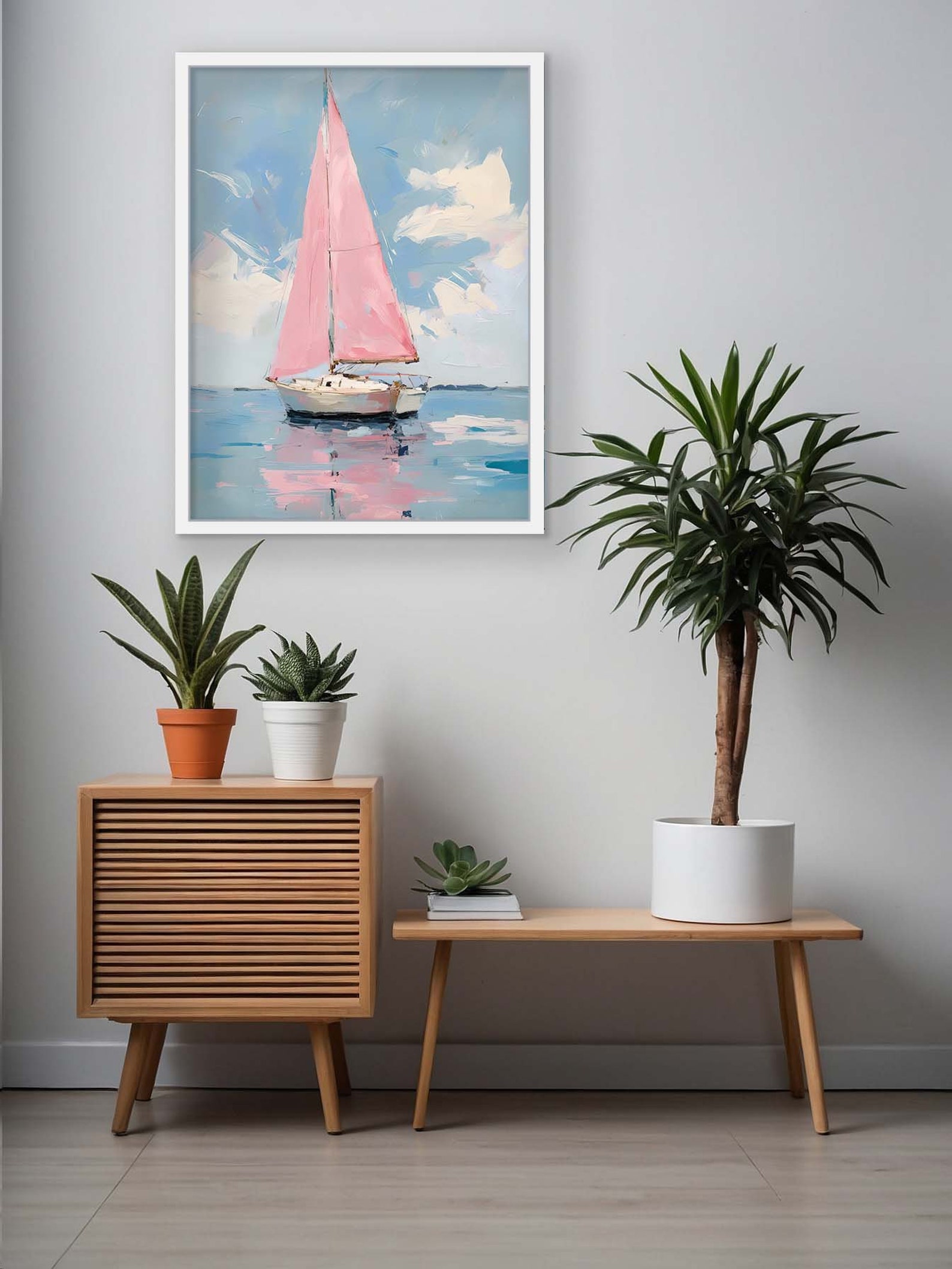Pastel Pink Sailboat Painting, Coastal Summer Boat Wall Art Print ...