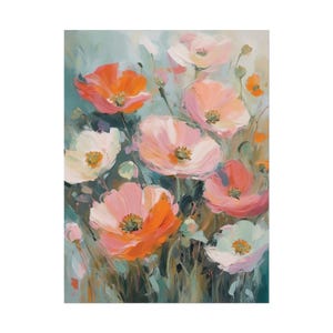 May include: An impressionistic painting of poppies in shades of pink, orange, and white. The flowers have delicate petals and are set against a soft teal background. The artwork evokes a sense of natural beauty and tranquility.