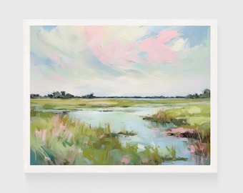 Pink Marsh Sunset Landscape Painting | Carolina Lowcountry Coastal Watercolor Wall Art Print | Pastel Beach Printable Digital Download #010