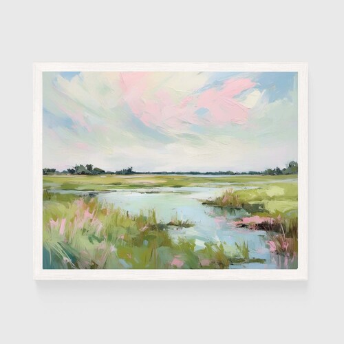 Peinture imprimable de paysage coucher de soleil dans les marais roses | Art mural aquarelle côtier du Lowcountry de la Caroline | Plage pastel téléchargement numérique # 010