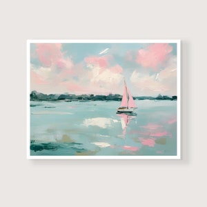Pink Sailboat Painting | Sunset Seascape Wall Art Print | Vintage Beach House Printable | Coastal Summer Ocean Digital Download