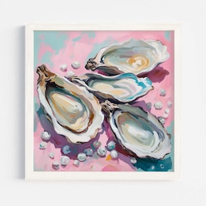 Dipinto di conchiglia di ostrica rosa pastello / Stampa artistica della cucina della casa sulla spiaggia / Stampabile digitale della sala da pranzo estiva colorata costiera astratta da scaricare