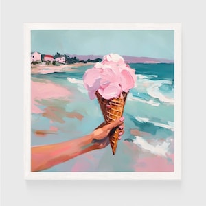 Riesen Eistüte Strand Gemälde | Art Print Kunstdruck | Küsten Bunter Sommer Rosa Desserts Digitaler Download #001
