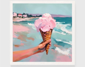 Giant Ice Cream Cone Beach Painting | Kitchy Kitchen Art Print | Coastal Colorful Summer Pink Printable Dessert Digital Download #001