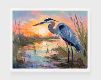 Printable Blue Heron Wall Art | Pastel Bird Painting | Coastal Beach House Print Download | Colorful Marsh Sunset | Impressionist Art #006