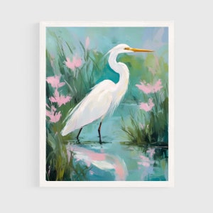 White Heron Painting | Egret Shore Bird Wall Art Print | Coastal Beach House Digital Download | Blue Summer Marsh Printable #004