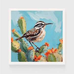 Cactus Wren Bird Painting | Cute Wall Art Print | Housewarming Gift Printable | Arizona Nature Digital Download #Wren-002