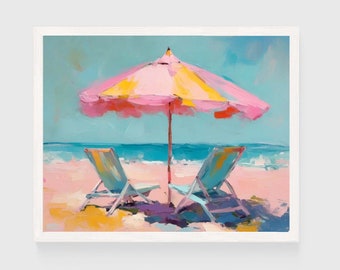 Printable Pink Coastal Summer Wall Art Print | Colorful Beach Umbrella Painting | Happy Summer Instant Digital Download | Decor #003