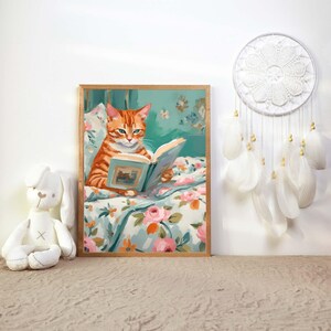 Orange Tabby Cat Book Lover Print, stack of books painting, bookworm printable art, wall art digital print,  cat art for kids room, nursery art