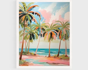 Printable Palm Trees Beach Painting, Coastal Summer Wall Art, Retro Florida California Beach Digital Download, Pastel Seascape #02