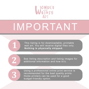 May include: A pink and gray graphic with the text "Wonder and Whimsy Art" and the word "IMPORTANT" in large, pink letters.  The graphic lists three important points for buyers of downloadable, printable wall art.  The points are numbered 1, 2, and 3.