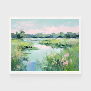 Marsh Sunset Landscape Painting | Carolina Green Lowcountry Coastal Watercolor Wall Art Print | Pastel Beach Printable Digital Download #011