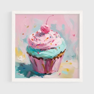 Pintura de Cupcake Rosa | Impressão de Arte de Parede de Cozinha | Sobremesa Vintage Imprimível | Download Digital de Verão Costeiro - Cupcake #001