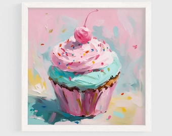 Pink Cupcake Painting | Kitchen Wall Art Print | Vintage Dessert Printable | Coastal Summer Digital Download - Cupcake #001