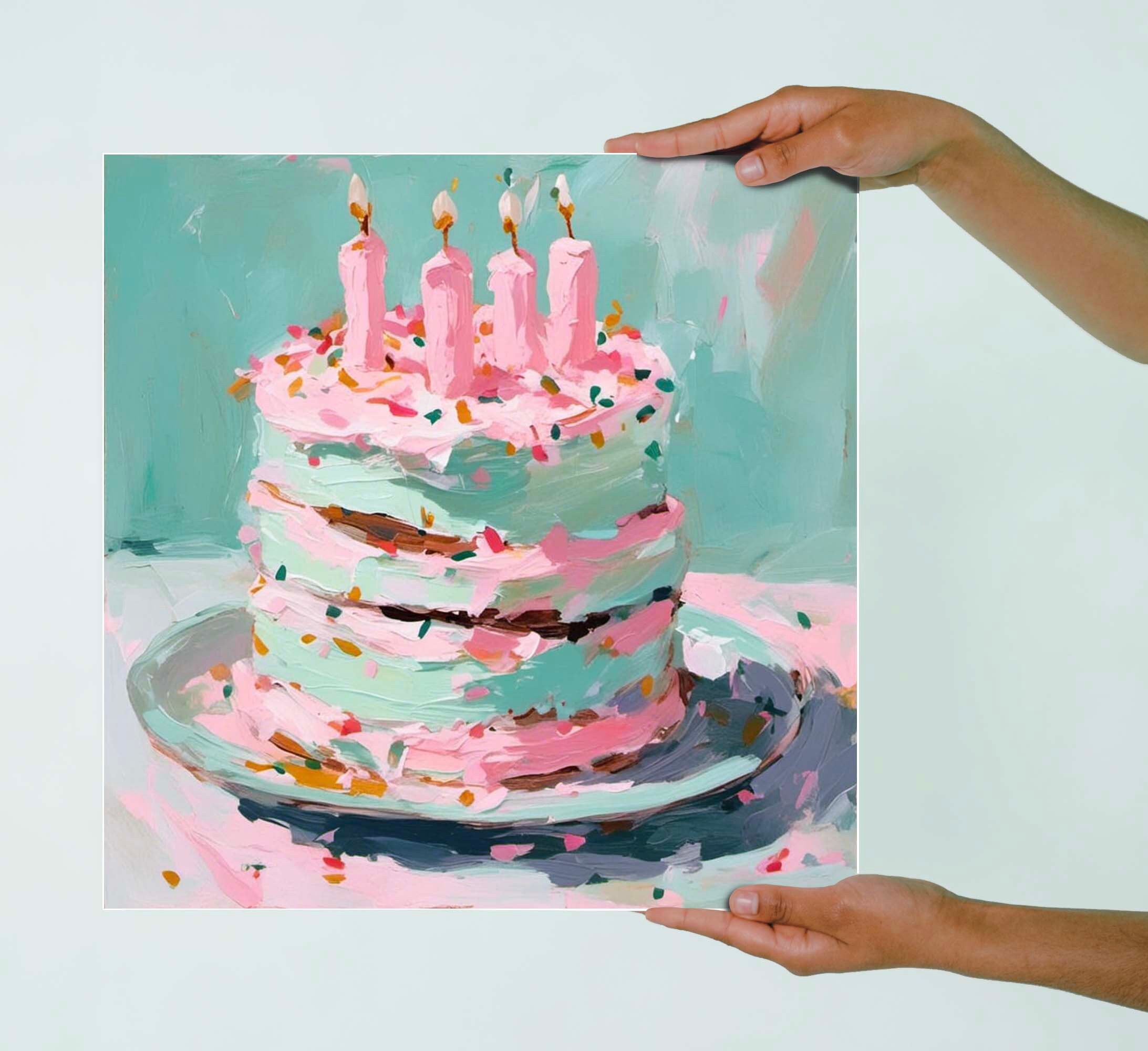 Pink Birthday Cake Painting | Kitchen Wall Art Print | Vintage Dessert ...