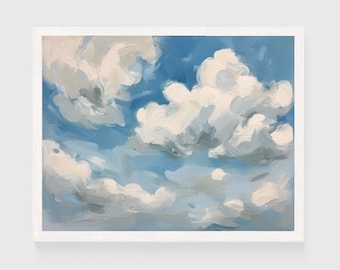 Blue Clouds Skyscape Painting | Coastal Watercolor Wall Art Print | Pastel Printable Digital Download #007