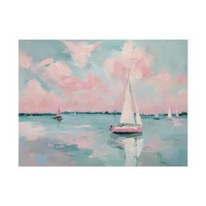 May include: An impressionistic painting of sailboats on the water. The sky is a mix of pink and blue, with fluffy clouds. The water reflects the sky and boats. The sailboats have white sails and pink hulls.