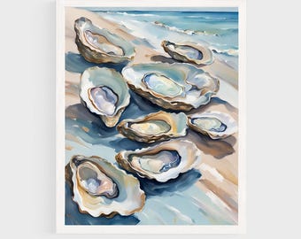 Coastal Oysters Oil Painting Print | Blue Pastel Beach House Wall Art Print | Sea Shells Summer Artwork  #49