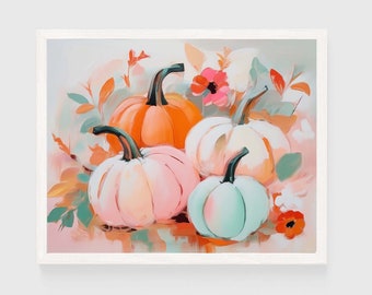 Happy Pastel Pumpkins Painting | Autumn Wall Art Print | Pink Coastal Whimsical Fall Instant Digital Download | Decor