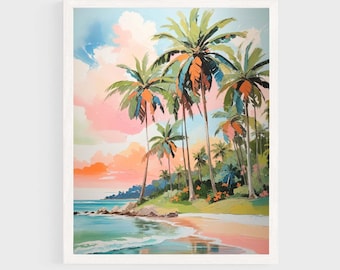 Printable Palm Trees Beach Painting, Coastal Summer Wall Art, Retro Florida California Beach Digital Download, Pastel Seascape #01