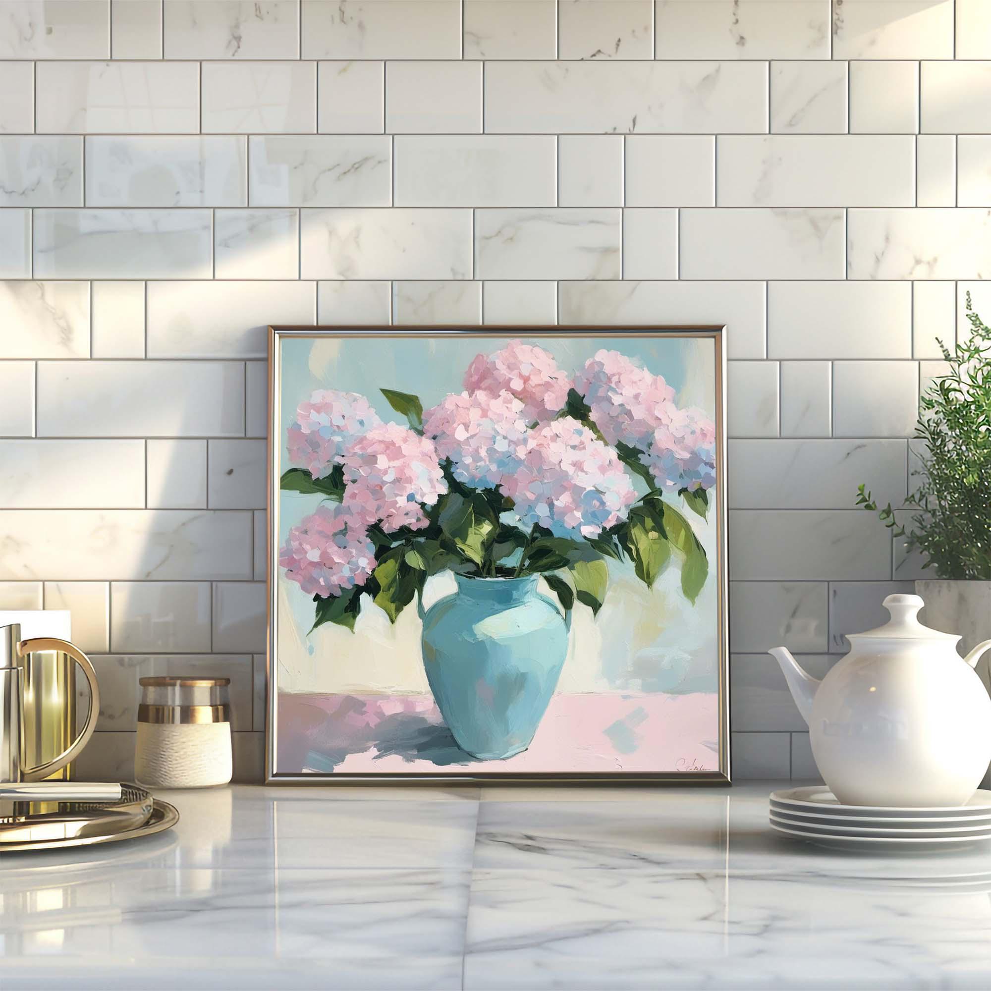 Pale Pink Hydrangea in Blue Vase Painting | Floral Wall Art Print ...