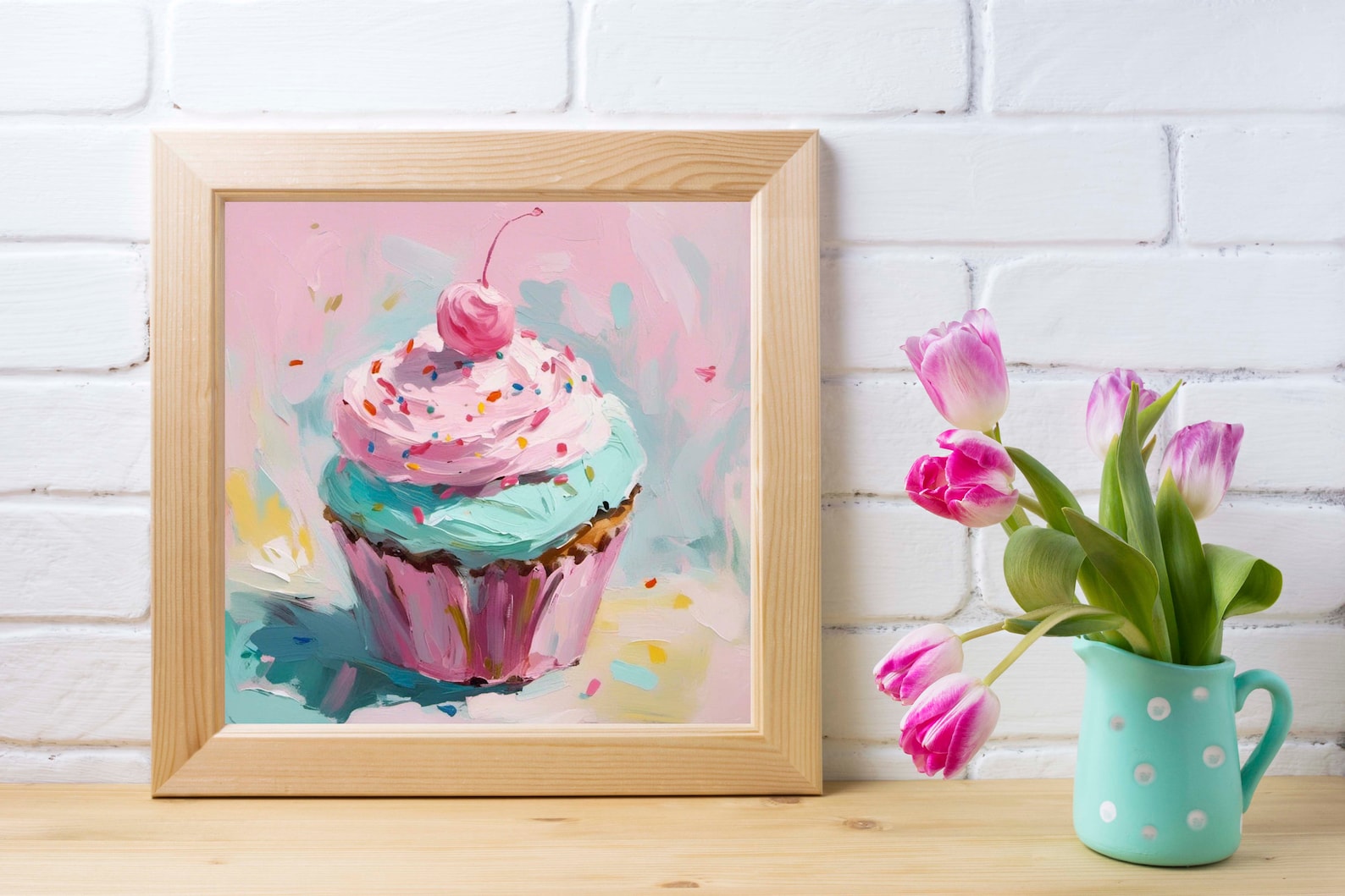 Pink Cupcake Painting | Kitchen Wall Art Print | Vintage Dessert ...