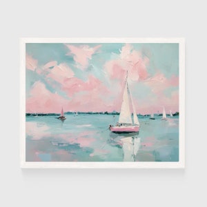 Pastel Sailboat Painting | Pink Clouds Seascape Wall Art Print | Vintage Beach House Printable | Coastal Summer Ocean Digital Download #005