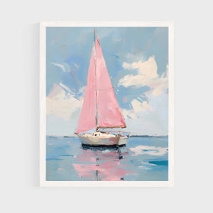 Pastellrosa segelbåtsmålning, kustnära sommarbåt väggkonsttryck, nautiskt strandhus digital nedladdning, flickaktigt färgglad sjö utskrivbar #034