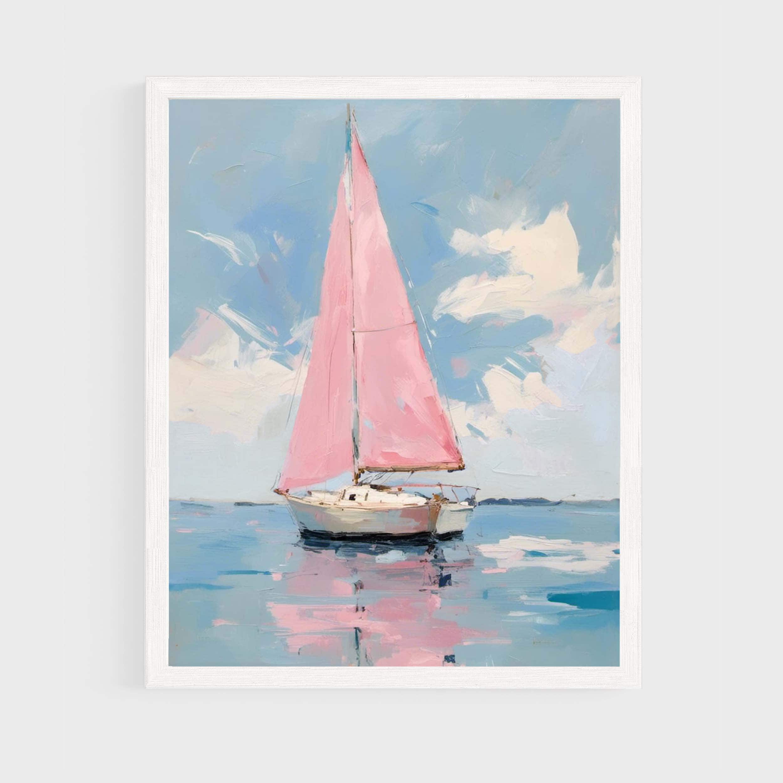 Pastel Pink Sailboat Painting, Coastal Summer Boat Wall Art Print, Nautical Beach House Digital Download, Girly Colorful Lake Printable #034