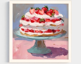 Strawberry Shortcake Painting | Kitchen Wall Art Print | Vintage Dessert Printable | Summer Digital Download #001