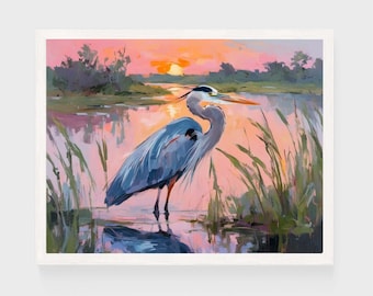 Blue Heron Painting | Pastel Bird Wall Print | Coastal Beach House Digital Download | Colorful Summer Marsh Printable | Impressionist Art 5