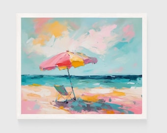 Colorful Beach Umbrella Painting | Pink Coastal Summer Wall Art Print | Happy Summer Instant Digital Download | Decor #002