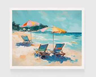 Blue Coastal Summer Wall Art Print | Vacation Beach Umbrella Painting | Happy Summer Instant Digital Download | Decor #007
