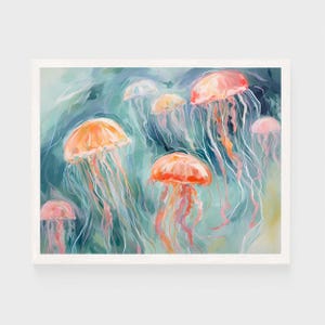 May include: An art print featuring a watercolor painting of several jellyfish. The jellyfish have orange and pink bell-shaped bodies with long, flowing tentacles. The background is a mix of teal and blue hues, creating an underwater scene.
